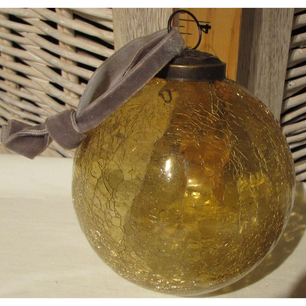 Kugel-style ice crackle glass ornaments set of 2 amber gold Victorian country